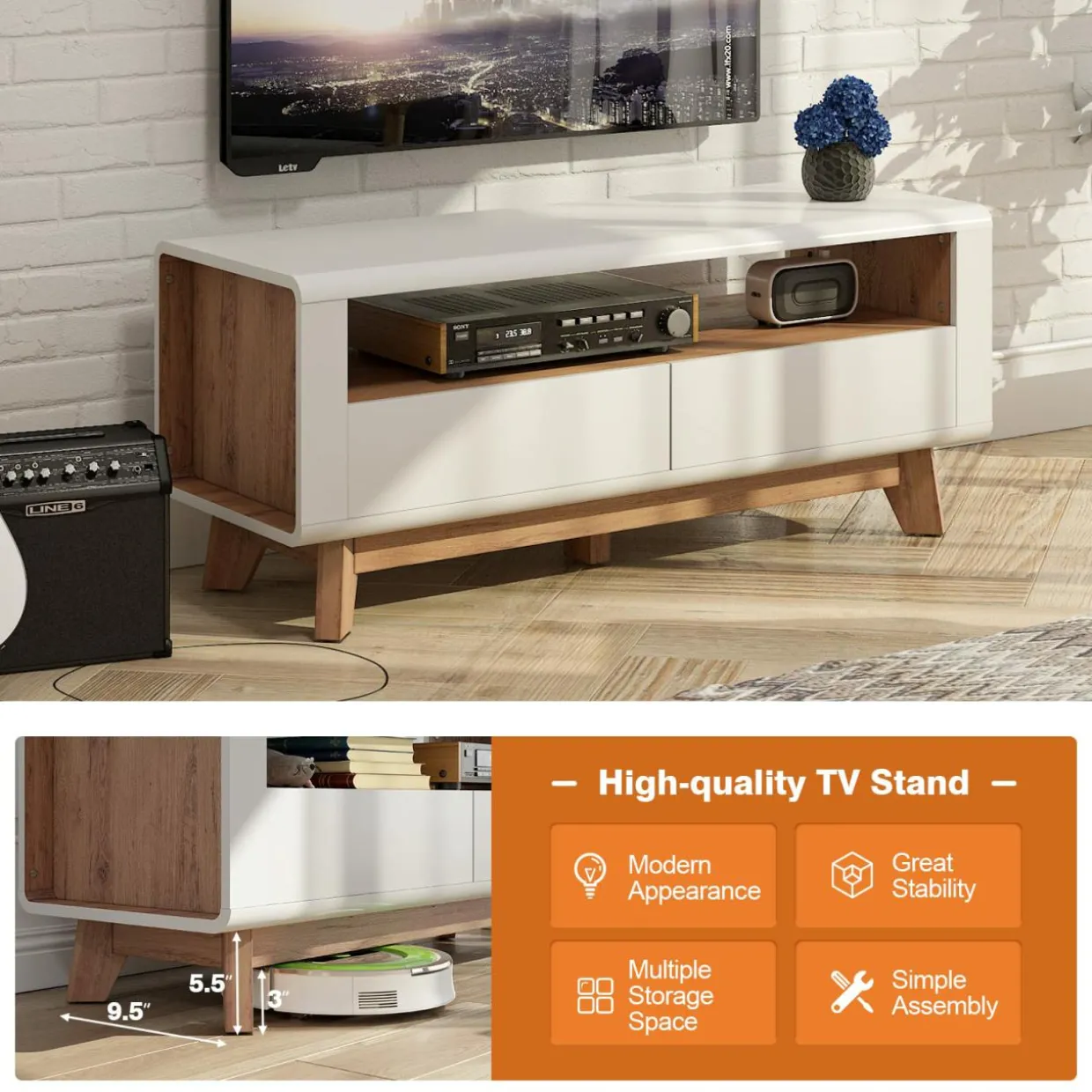 Tangkula Modern TV Stand with Drawers, Wood Entertainment Center for TVs up to 50 Inch