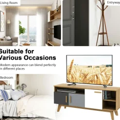 Tangkula Modern TV Stand, Wood TV Console Table for TVs up to 65 Inch, Entertainment Center with 3 Storage Cabinets (Natural)
