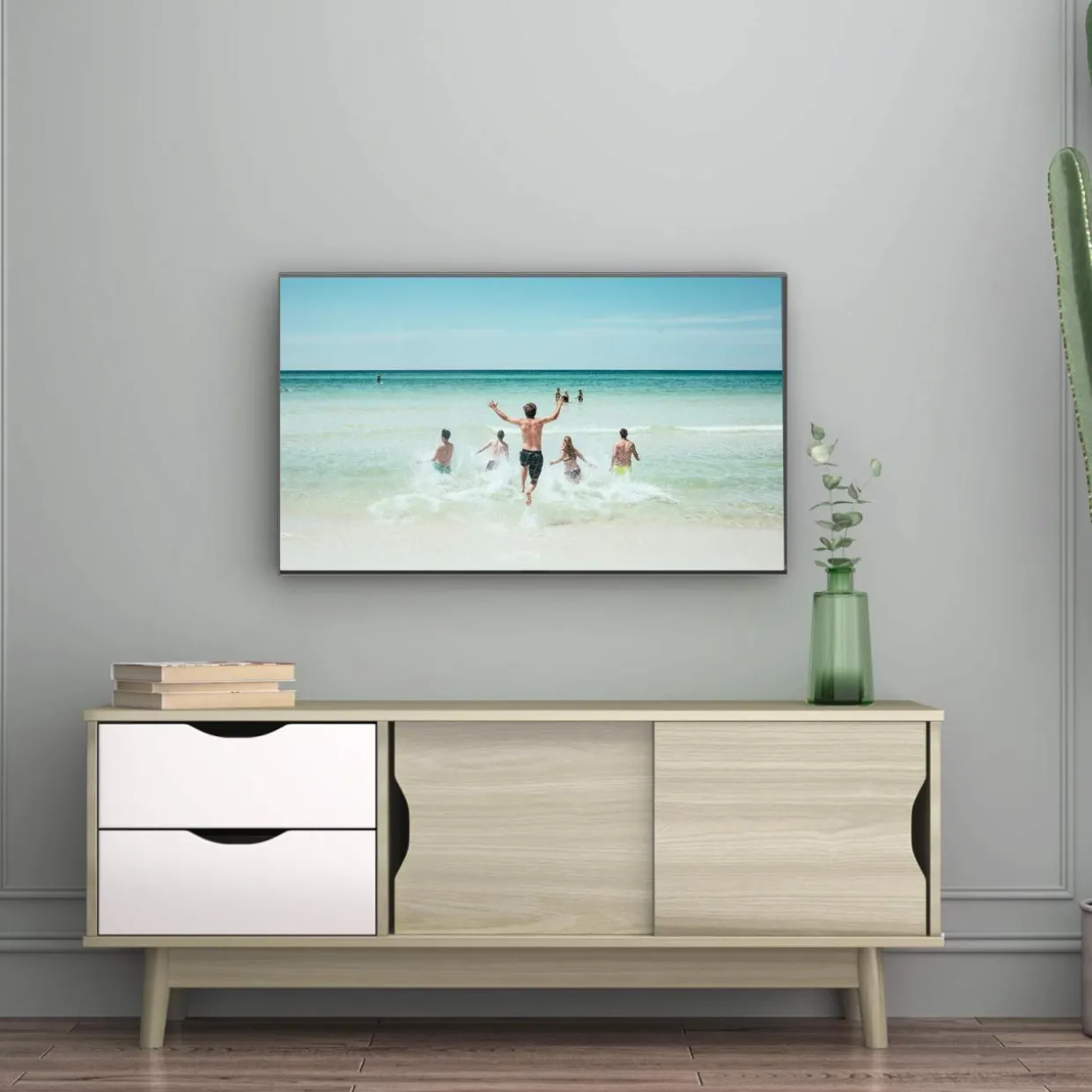 Tangkula Modern TV Stand for Flat TVs Up to 60 Inches, Wood TV Console Table w/ 2 Drawers & 2 Sliding Doors