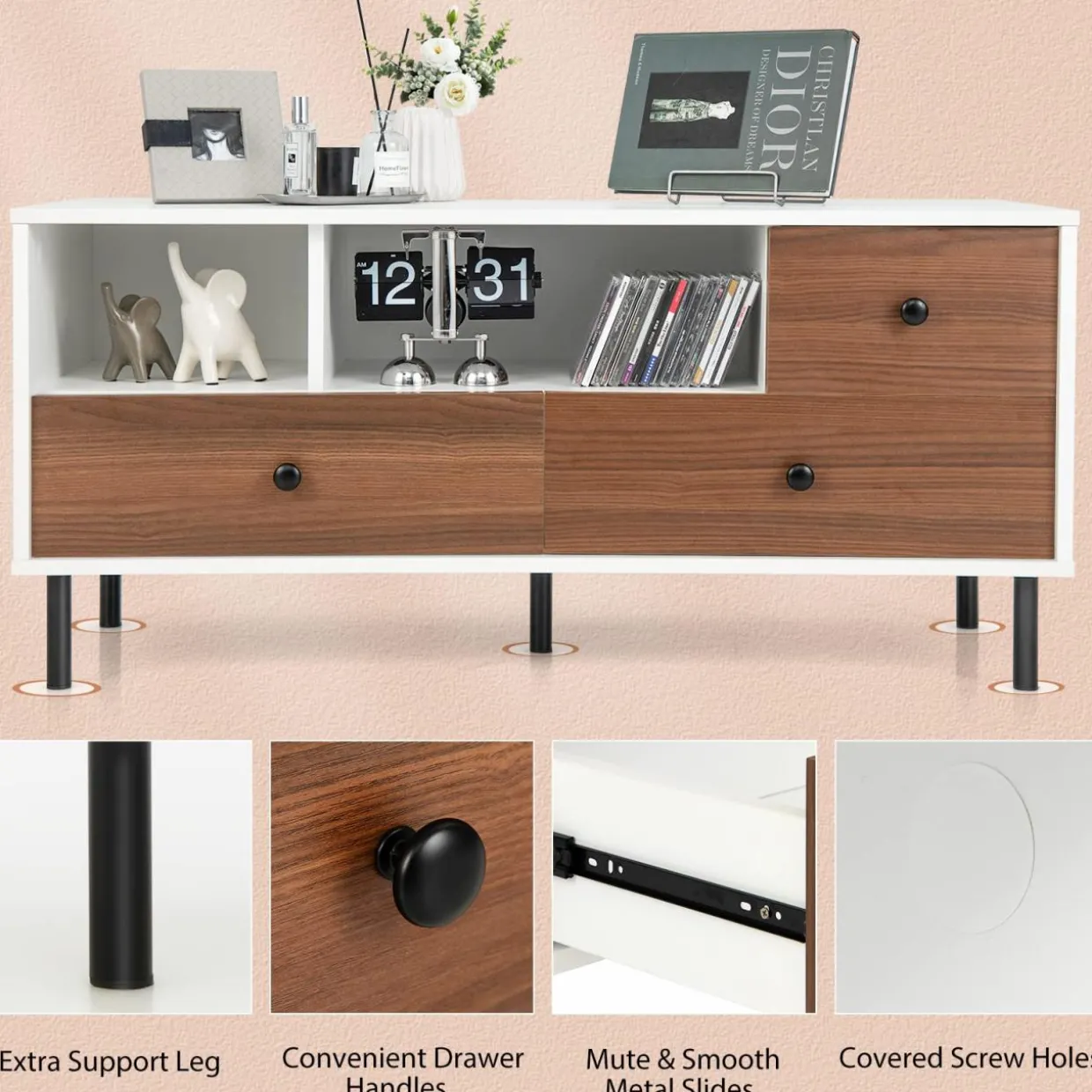 Tangkula Modern TV Stand for 50-inch TVs, Multifunctional Flat Screen Console Table with 2 Cubbies & 3 Large Drawers