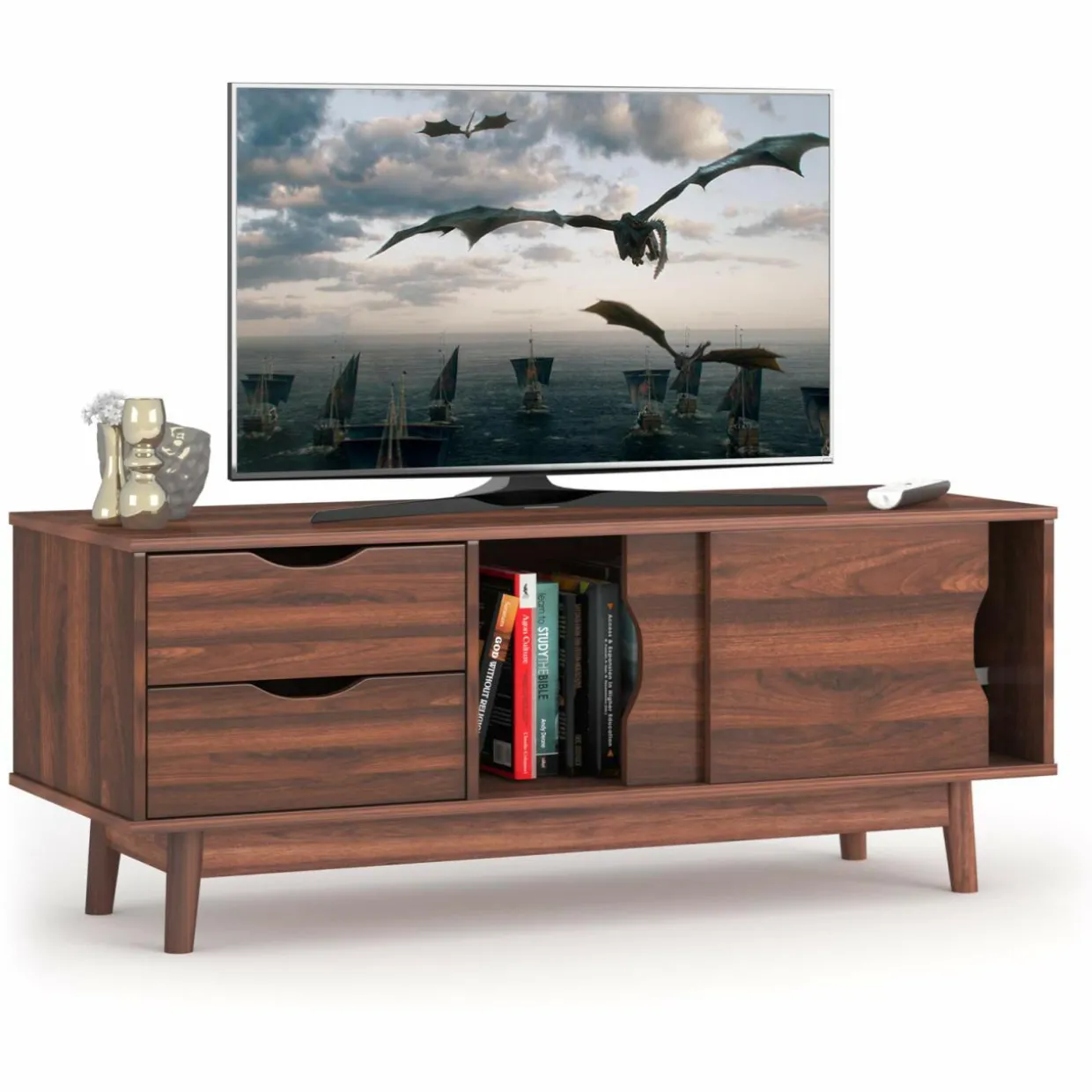 Tangkula Modern TV Stand for Flat TVs Up to 60 Inches, Wood TV Console Table w/ 2 Drawers & 2 Sliding Doors