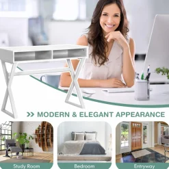Tangkula Modern White Computer Desk with Storage Space