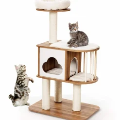 Tangkula Modern Wood Cat Tree, 46 Inches Cat Tower with Platform, Cat Activity Center with Scratching Posts and Washable Cushions