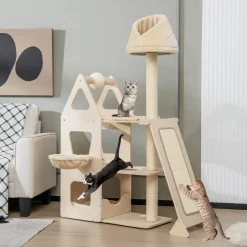 Tangkula Modern Wood Cat Tree for Indoor Cats, 64 Inch Multi-Level Tall Cat Tree with Scratching Rotatable Ball & Posts