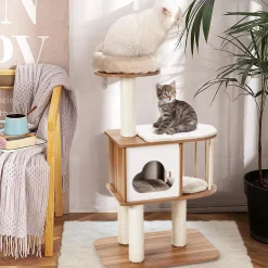 Tangkula Modern Wood Cat Tree, 46 Inches Cat Tower with Platform, Cat Activity Center with Scratching Posts and Washable Cushions