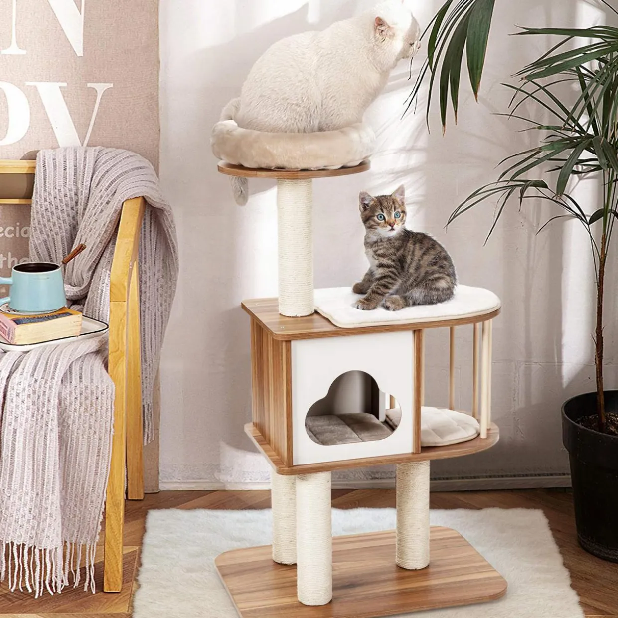 Tangkula Modern Wood Cat Tree, 46 Inches Cat Tower with Platform, Cat Activity Center with Scratching Posts and Washable Cushions