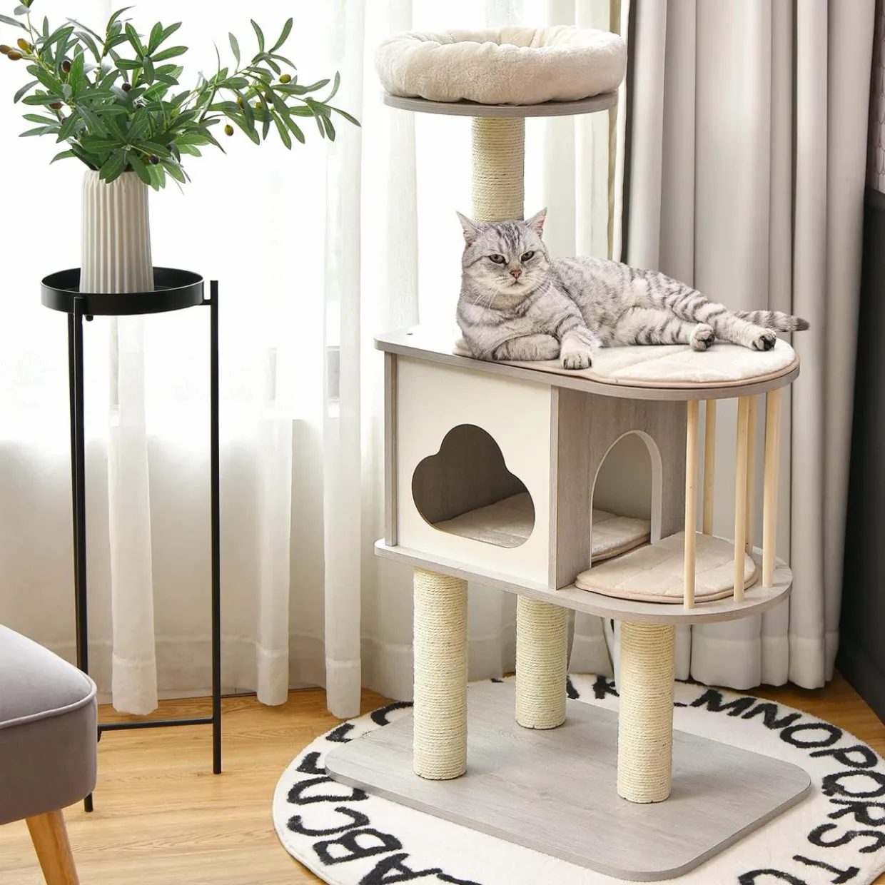 Tangkula Modern Wood Cat Tree, 46 Inches Cat Tower with Platform, Cat Activity Center with Scratching Posts and Washable Cushions