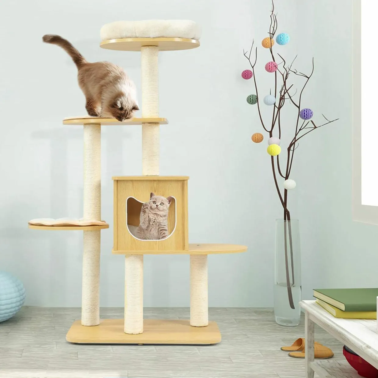 Tangkula Modern Wood Cat Tree, 53 Inches Cat Tower with Platform