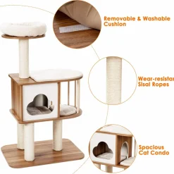 Tangkula Modern Wood Cat Tree, 46 Inches Cat Tower with Platform, Cat Activity Center with Scratching Posts and Washable Cushions