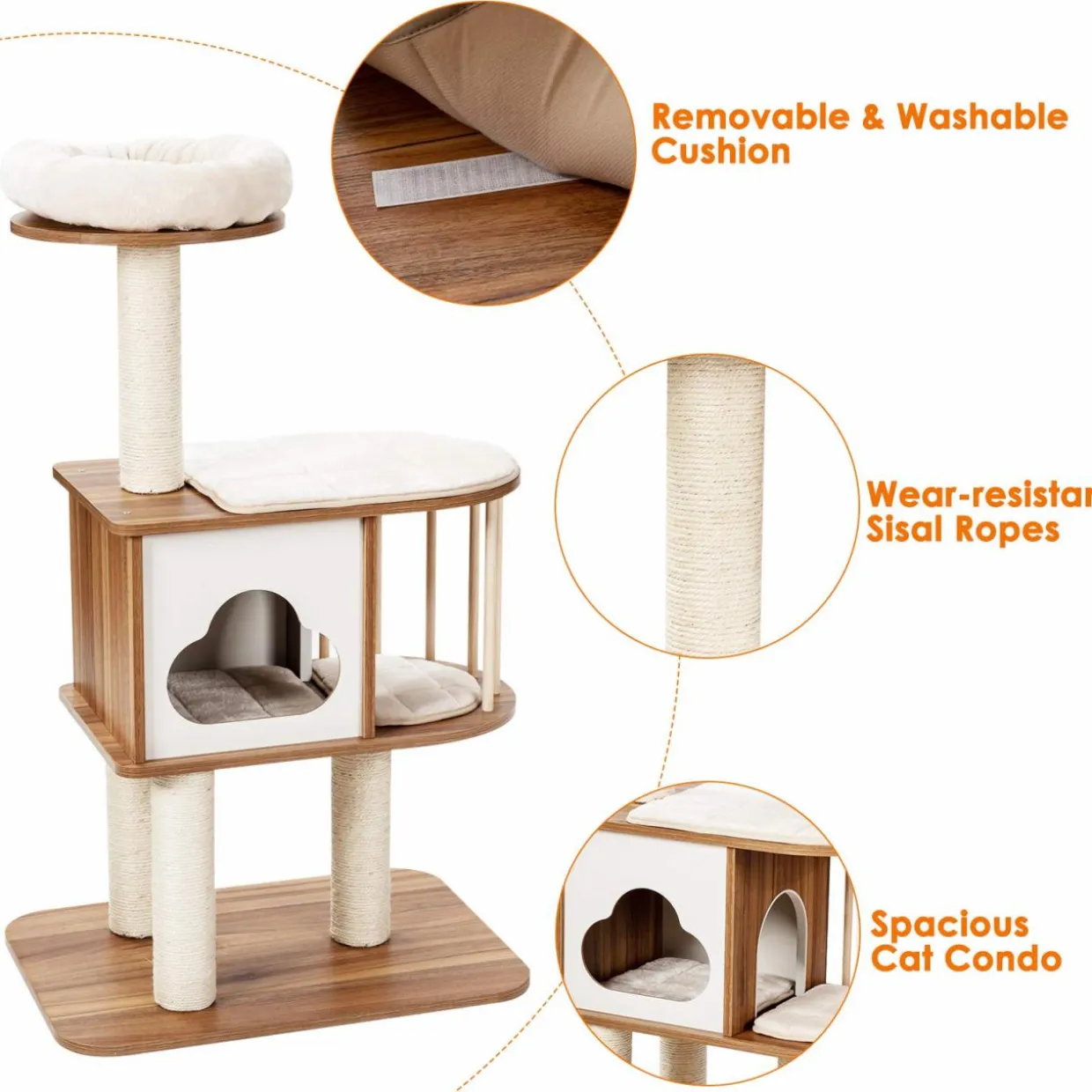 Tangkula Modern Wood Cat Tree, 46 Inches Cat Tower with Platform, Cat Activity Center with Scratching Posts and Washable Cushions