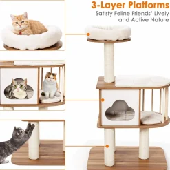 Tangkula Modern Wood Cat Tree, 46 Inches Cat Tower with Platform, Cat Activity Center with Scratching Posts and Washable Cushions