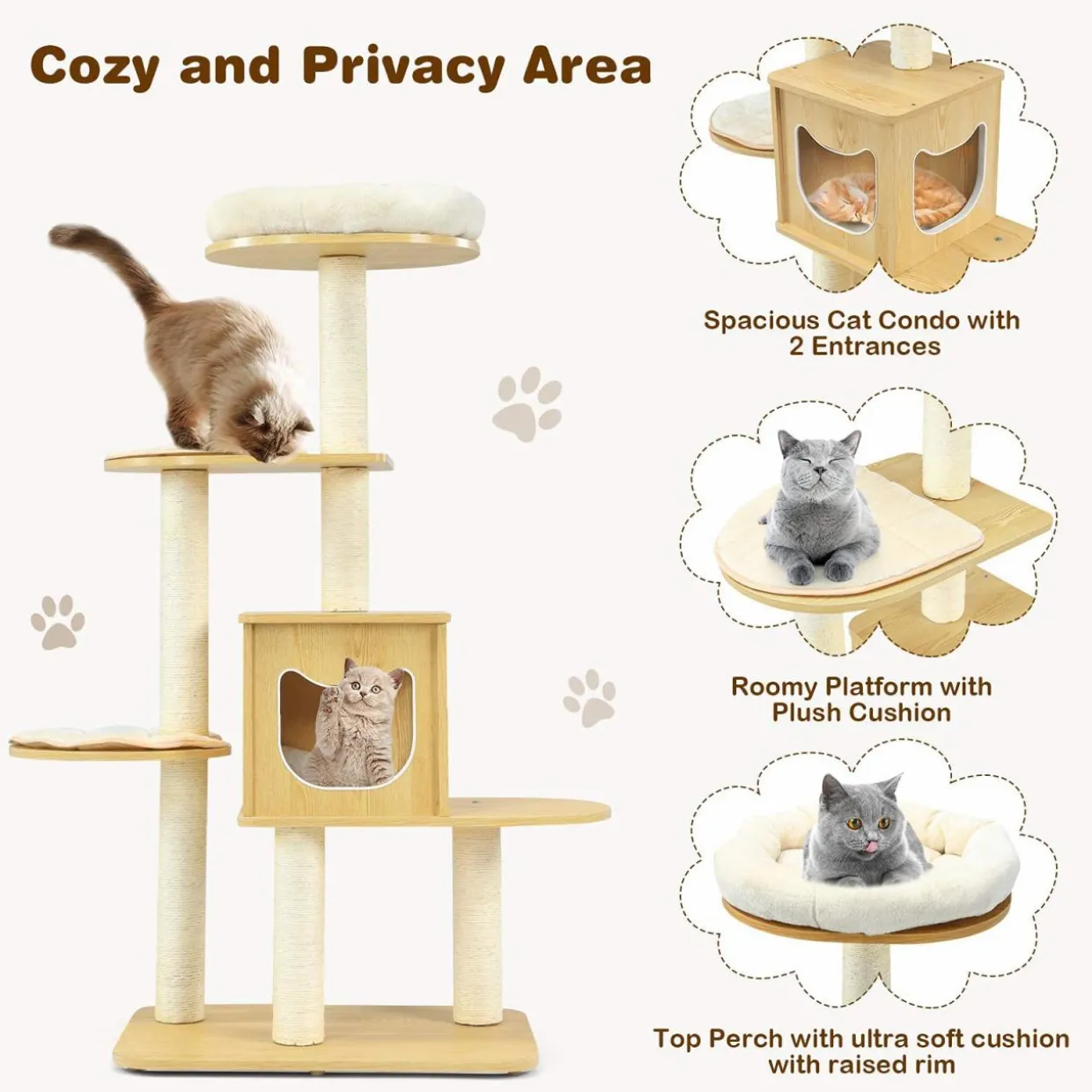 Tangkula Modern Wood Cat Tree, 53 Inches Cat Tower with Platform