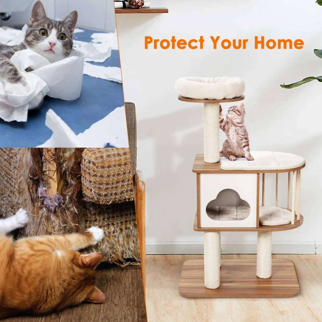 Tangkula Modern Wood Cat Tree, 46 Inches Cat Tower with Platform, Cat Activity Center with Scratching Posts and Washable Cushions