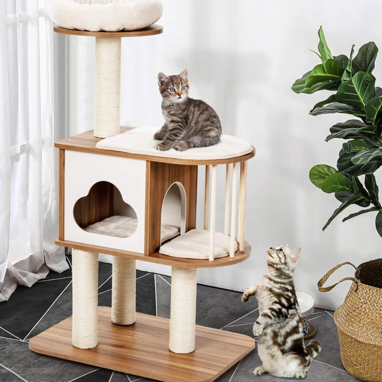 Tangkula Modern Wood Cat Tree, 46 Inches Cat Tower with Platform, Cat Activity Center with Scratching Posts and Washable Cushions