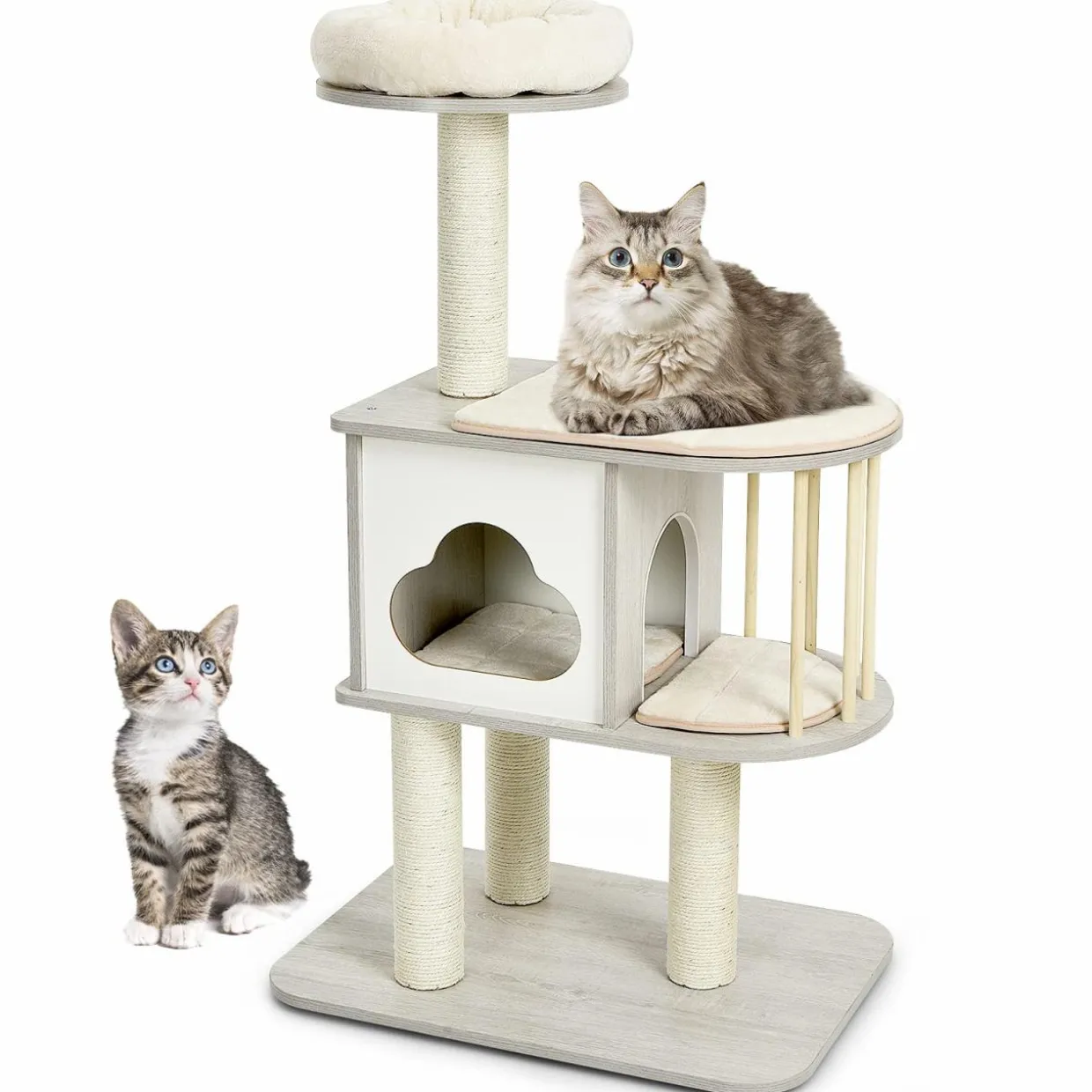 Tangkula Modern Wood Cat Tree, 46 Inches Cat Tower with Platform, Cat Activity Center with Scratching Posts and Washable Cushions