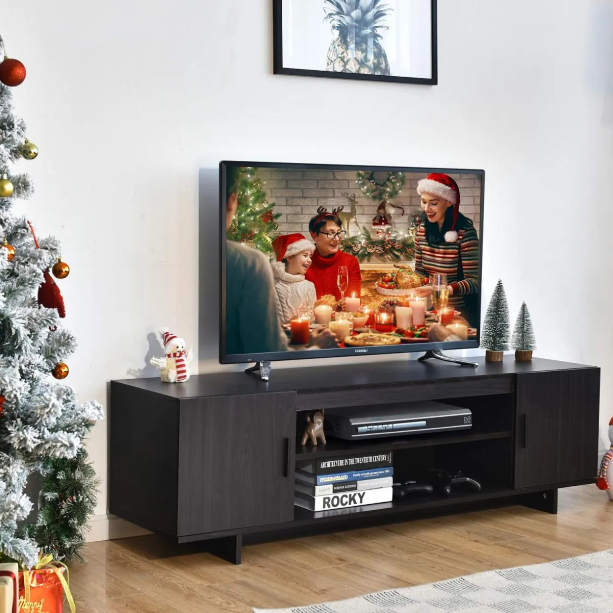 Tangkula Modern Wood Universal TV Stand for TV up to 65", Media Console with 2 Storage Cabinets & Open Shelves