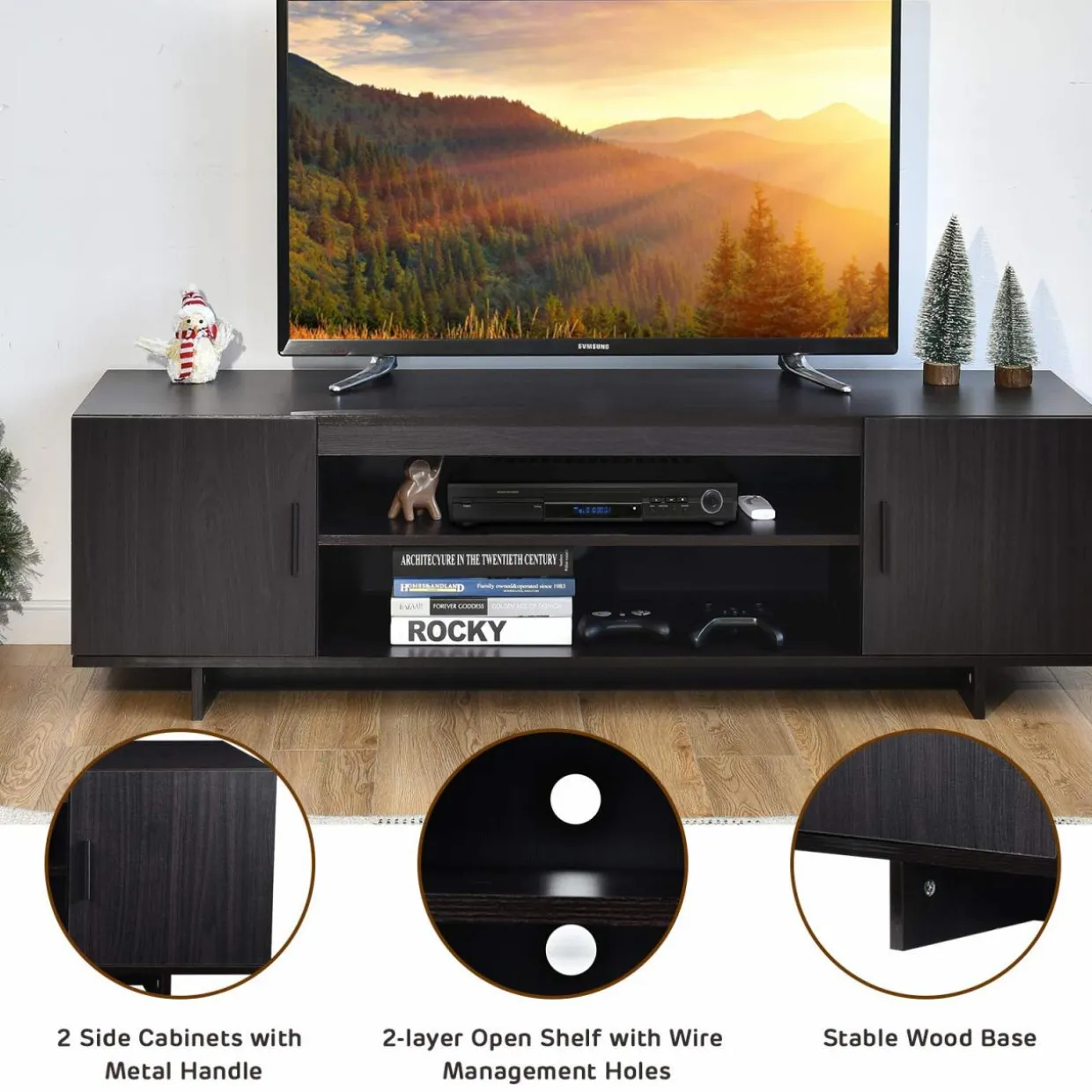 Tangkula Modern Wood Universal TV Stand for TV up to 65", Media Console with 2 Storage Cabinets & Open Shelves