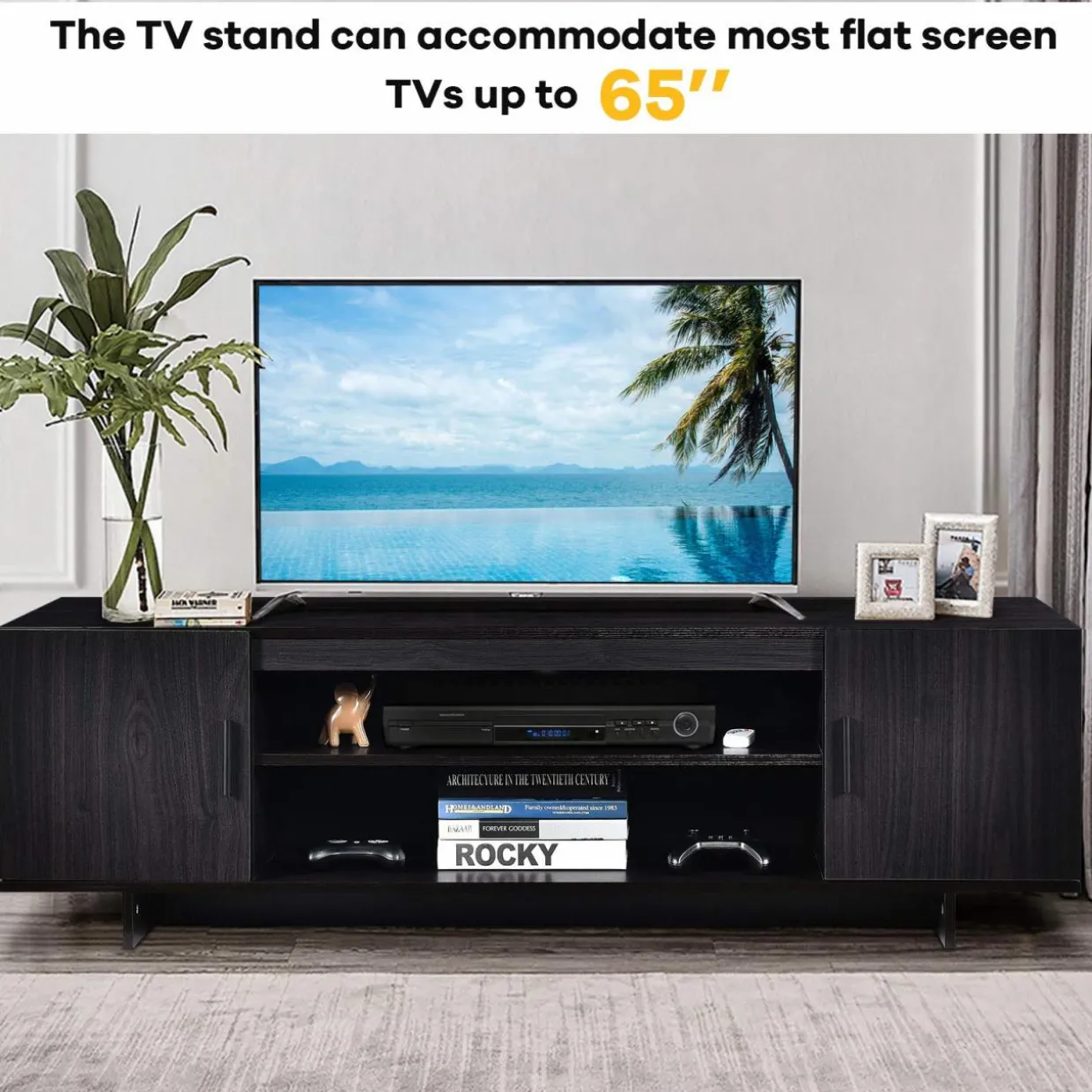 Tangkula Modern Wood Universal TV Stand for TV up to 65", Media Console with 2 Storage Cabinets & Open Shelves