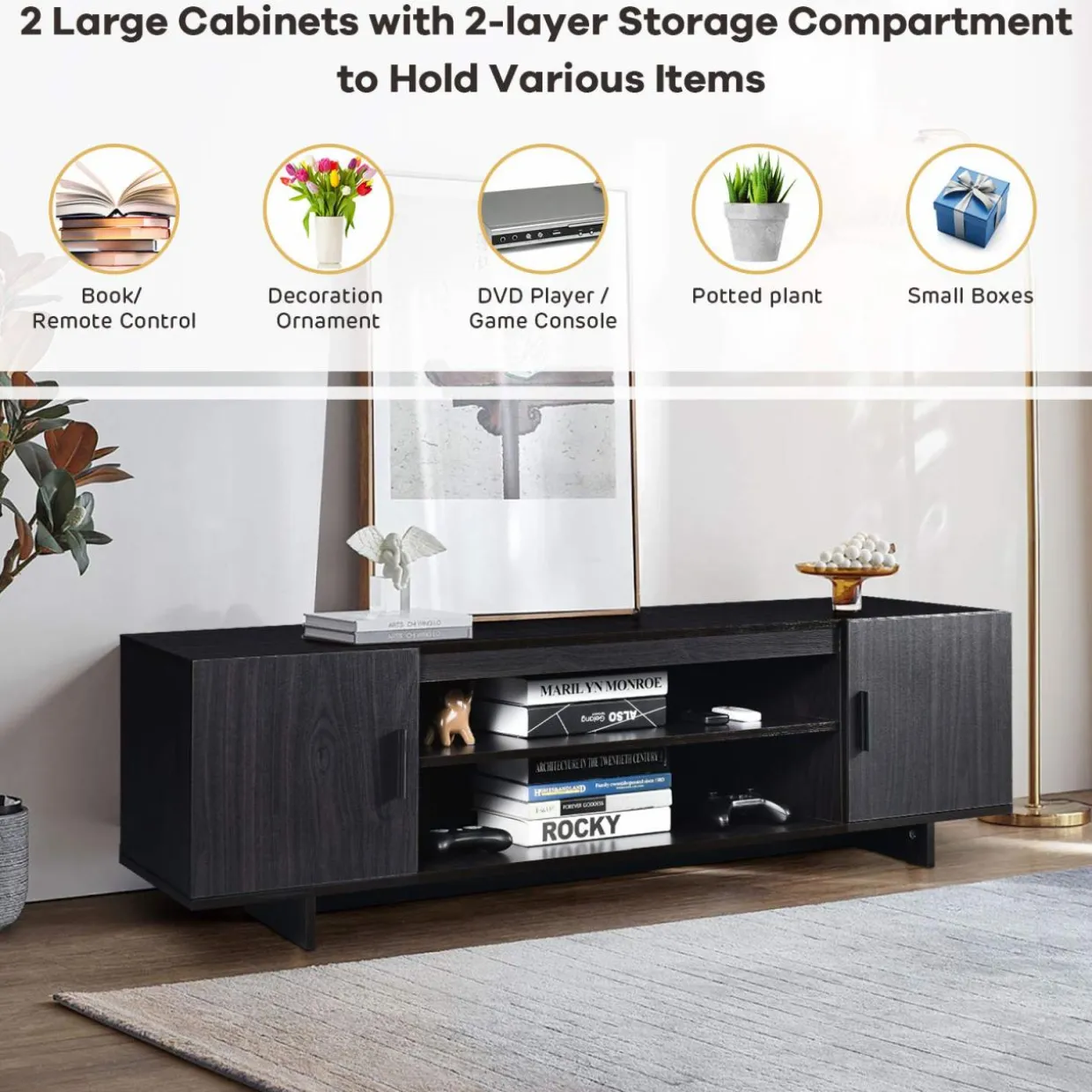 Tangkula Modern Wood Universal TV Stand for TV up to 65", Media Console with 2 Storage Cabinets & Open Shelves