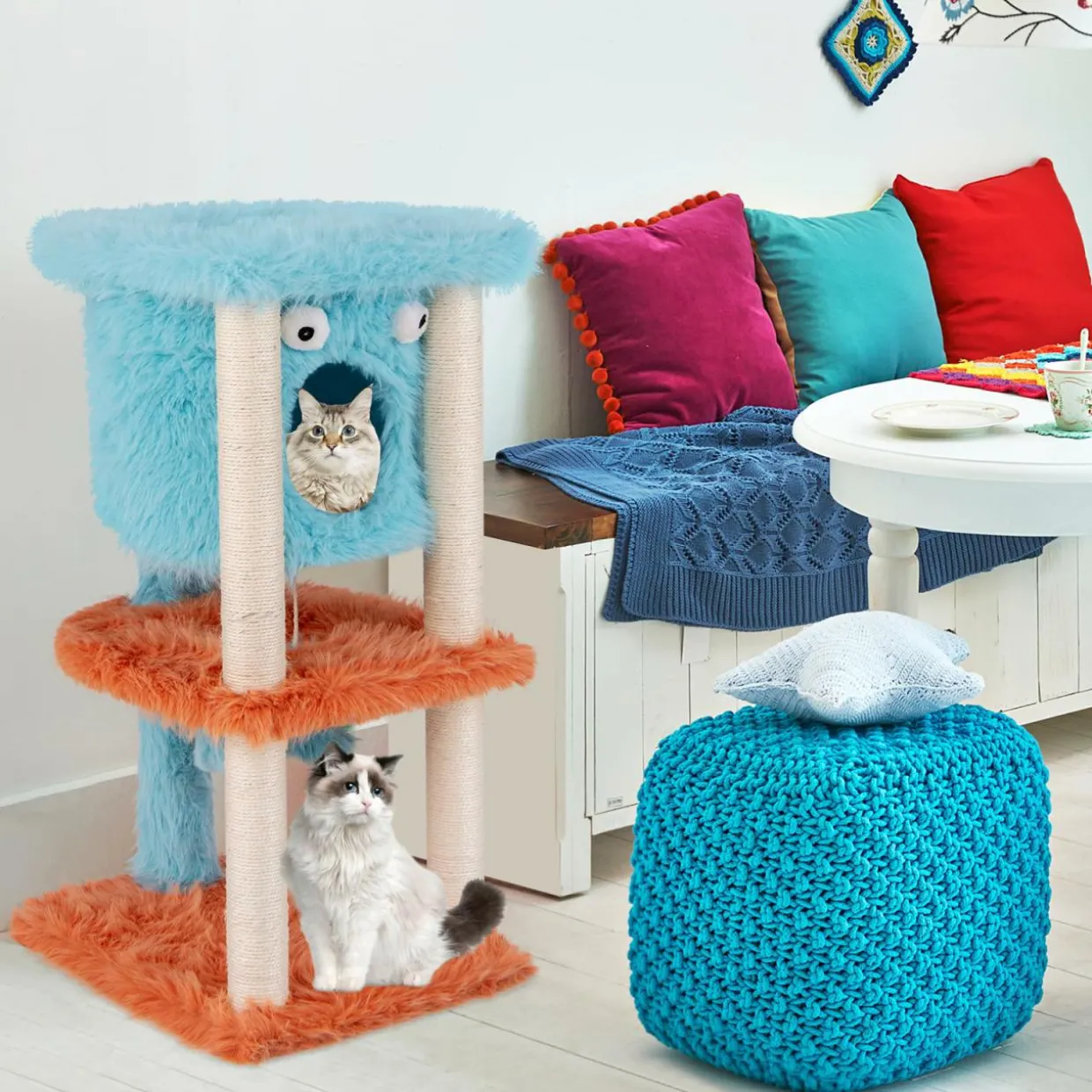 Tangkula Monster-Themed Cat Tree, 3-Level Cat Tower Activity Center with Large Cat Condo