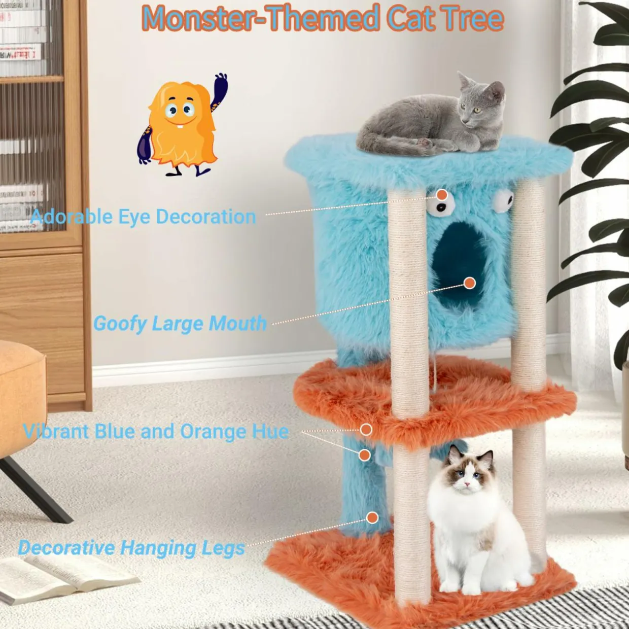 Tangkula Monster-Themed Cat Tree, 3-Level Cat Tower Activity Center with Large Cat Condo