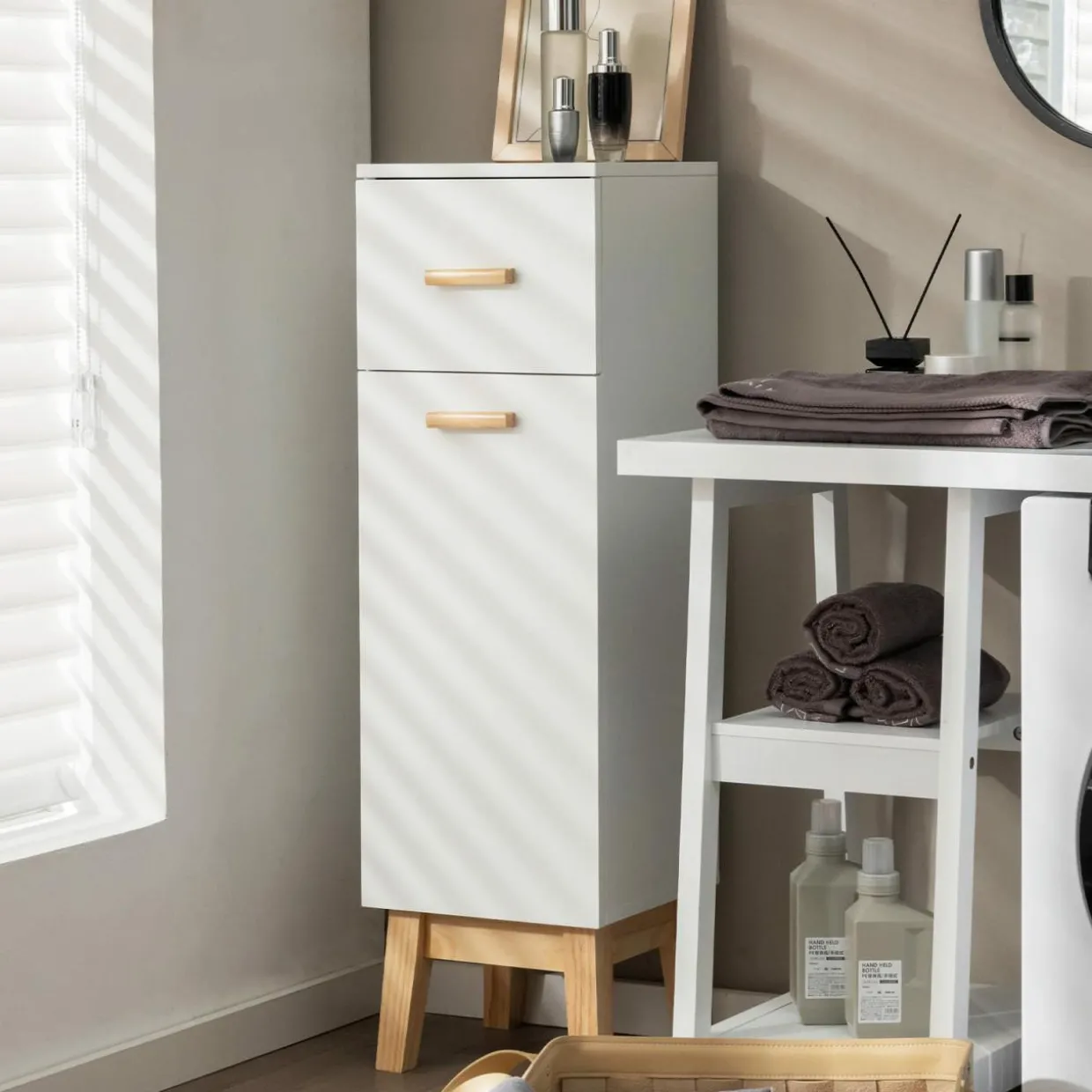 Tangkula Narrow Bathroom Storage Cabinet, Freestanding Side Storage Organizer with Adjustable Shelves