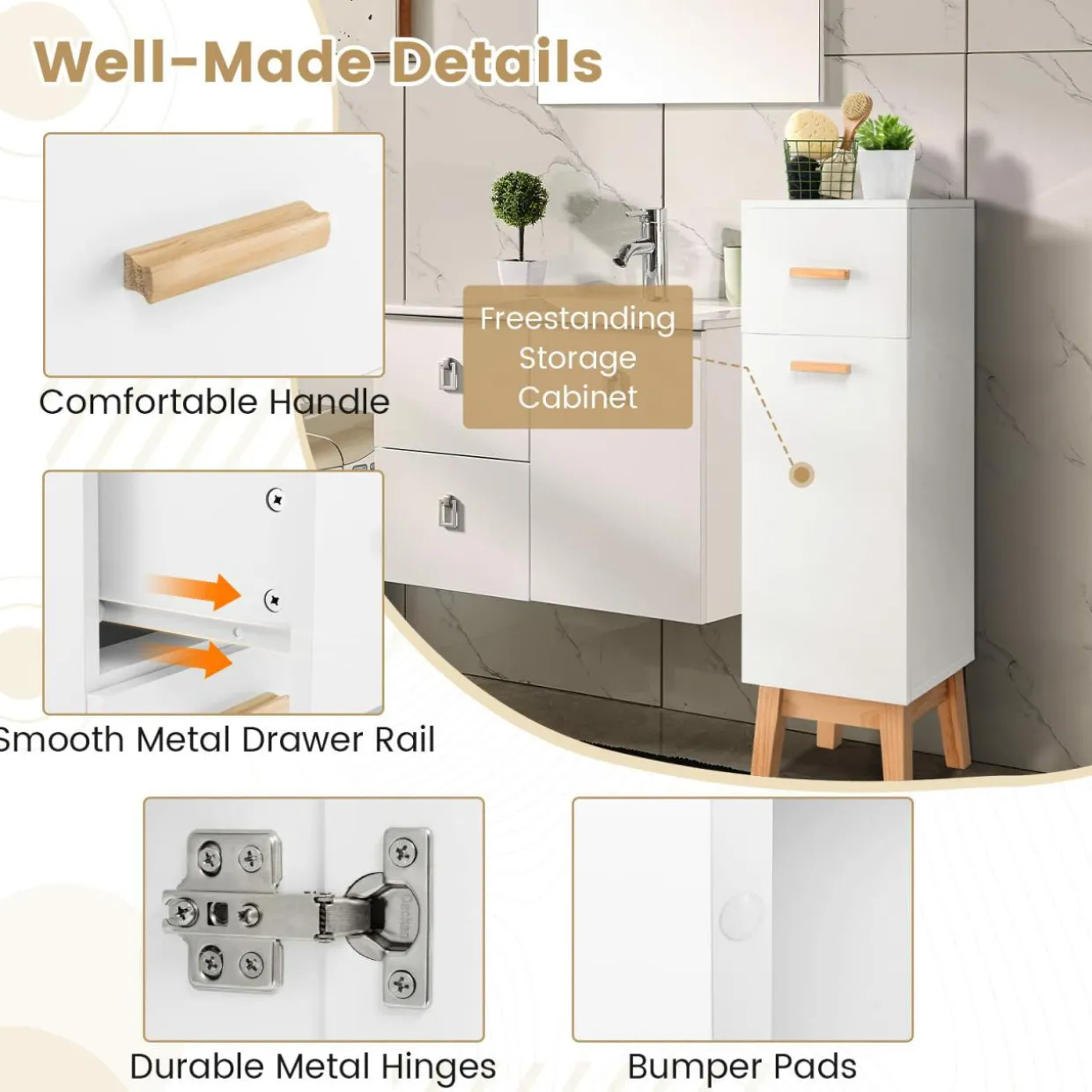 Tangkula Narrow Bathroom Storage Cabinet, Freestanding Side Storage Organizer with Adjustable Shelves