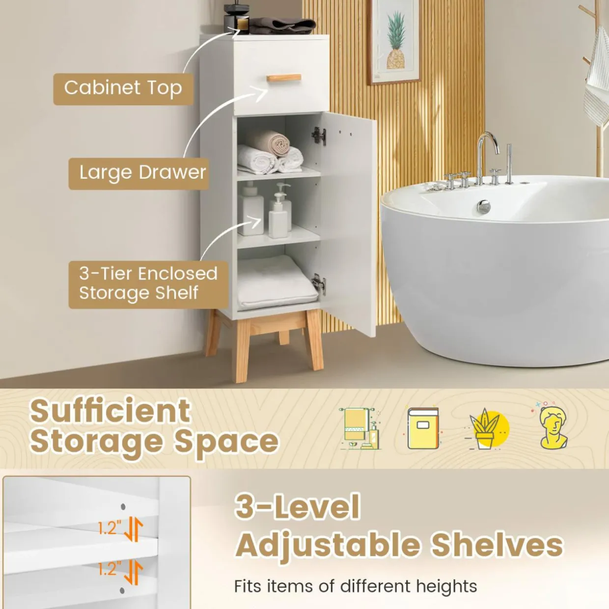 Tangkula Narrow Bathroom Storage Cabinet, Freestanding Side Storage Organizer with Adjustable Shelves