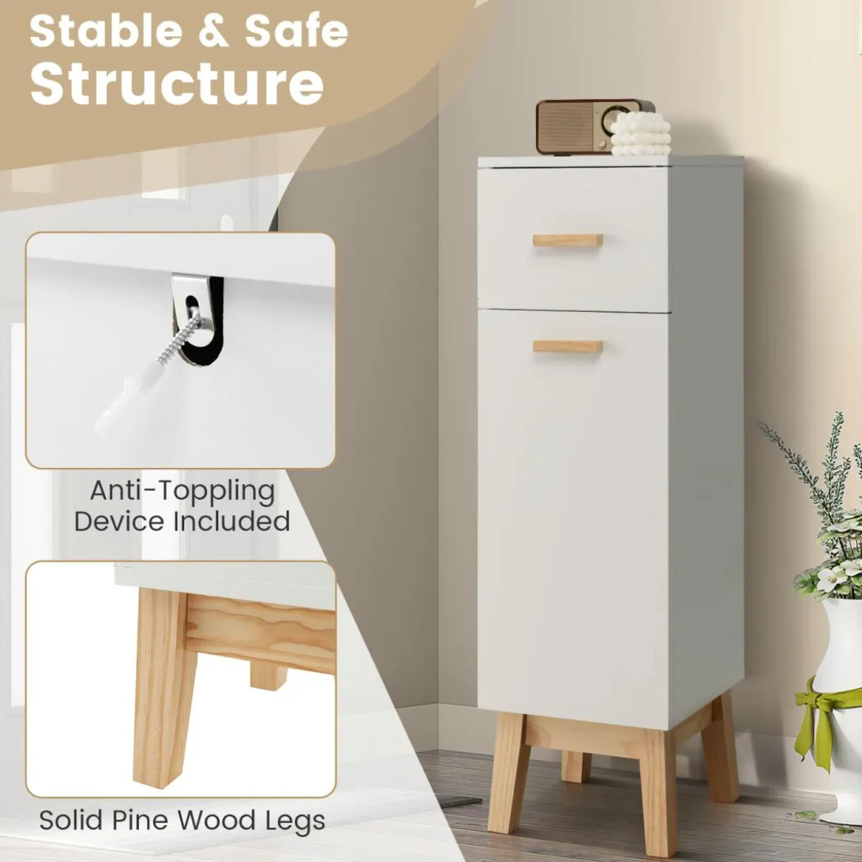 Tangkula Narrow Bathroom Storage Cabinet, Freestanding Side Storage Organizer with Adjustable Shelves