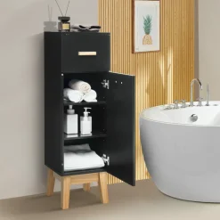 Tangkula Narrow Bathroom Storage Cabinet, Freestanding Side Storage Organizer with Adjustable Shelves