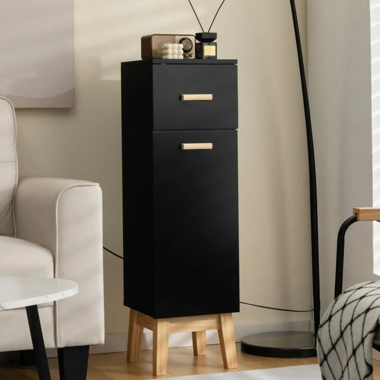 Tangkula Narrow Bathroom Storage Cabinet, Freestanding Side Storage Organizer with Adjustable Shelves