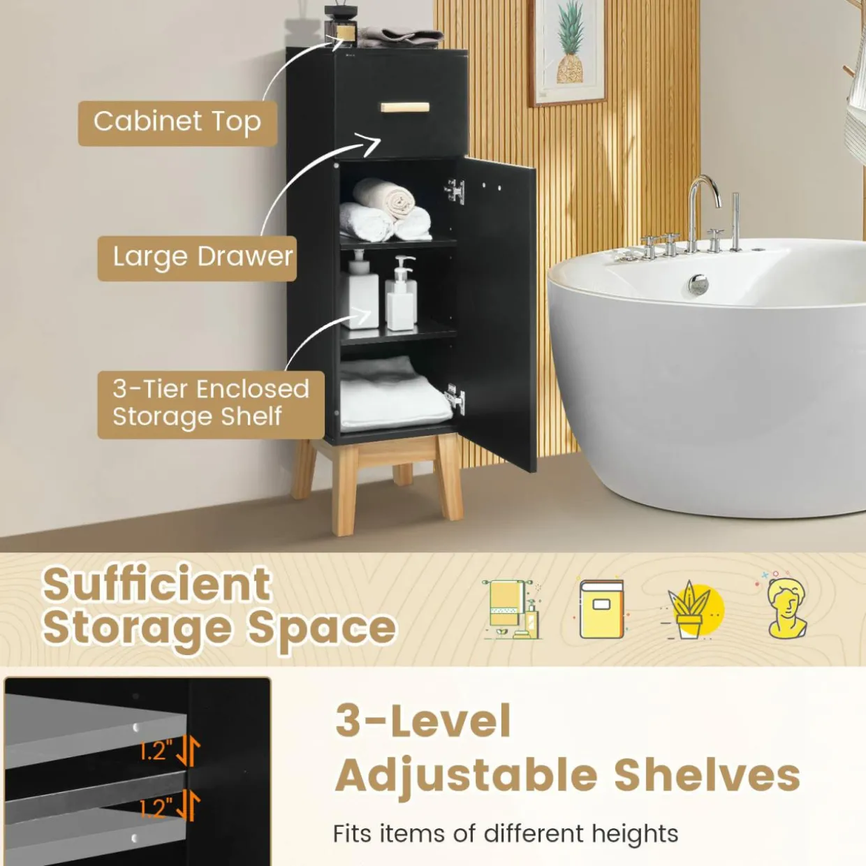 Tangkula Narrow Bathroom Storage Cabinet, Freestanding Side Storage Organizer with Adjustable Shelves