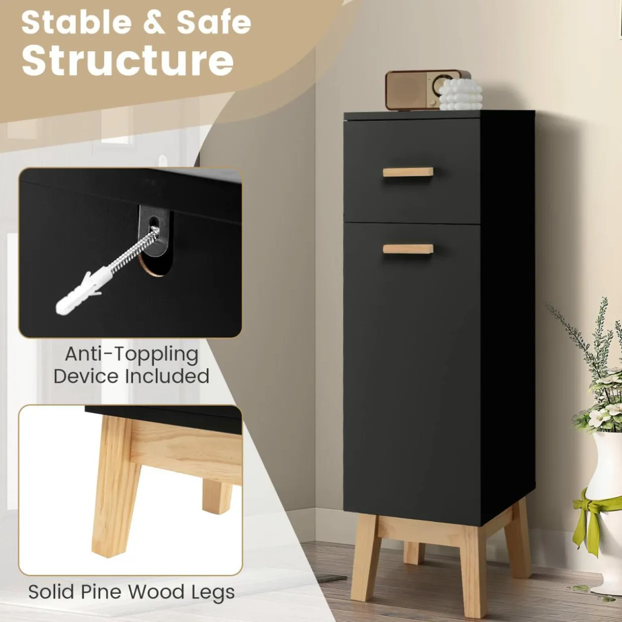 Tangkula Narrow Bathroom Storage Cabinet, Freestanding Side Storage Organizer with Adjustable Shelves