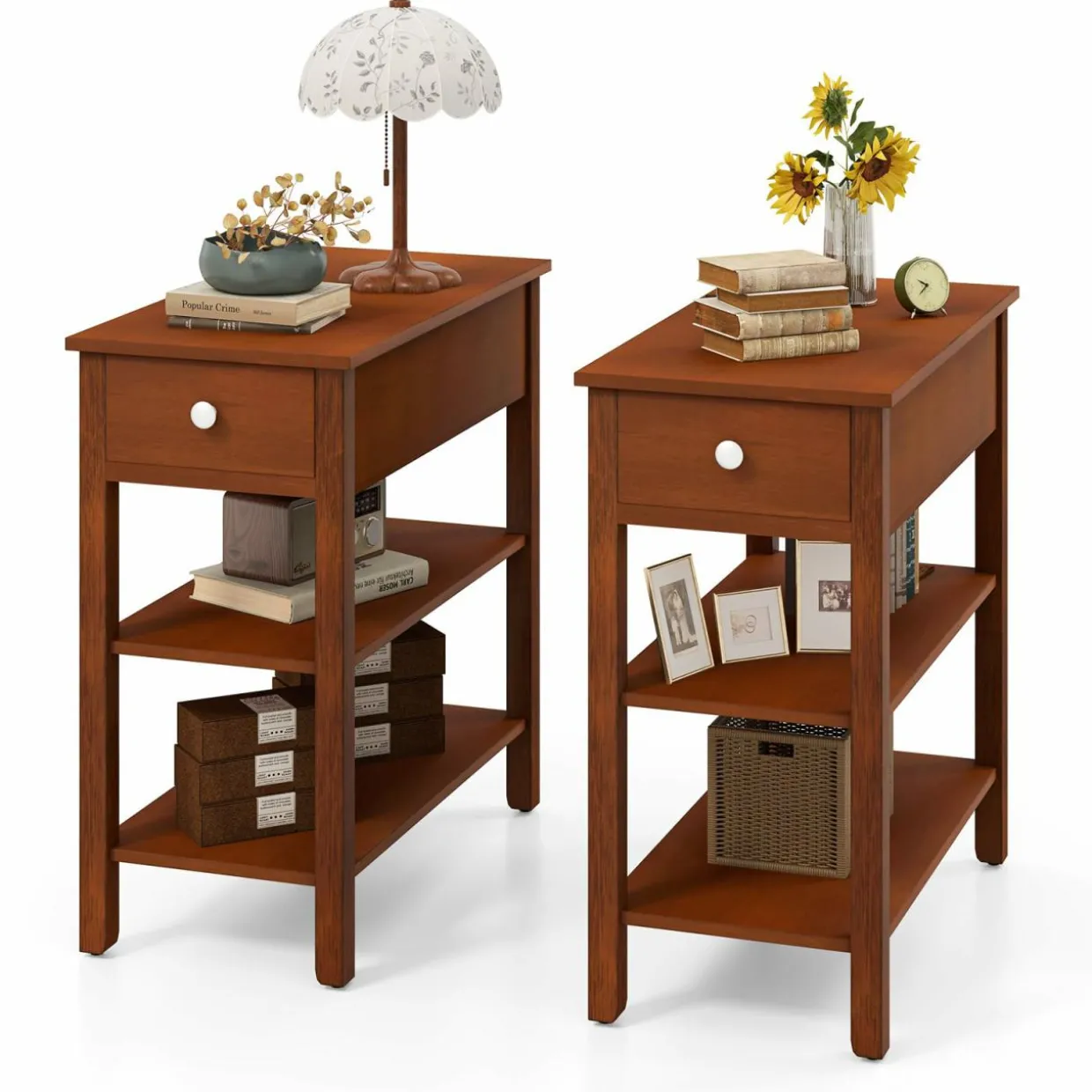 Tangkula Narrow End Table Set of 2, 24.5”H Farmhouse Side Table with Drawer