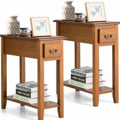 Tangkula Narrow End Table, Slim Side Table with Drawer and Open Shelf