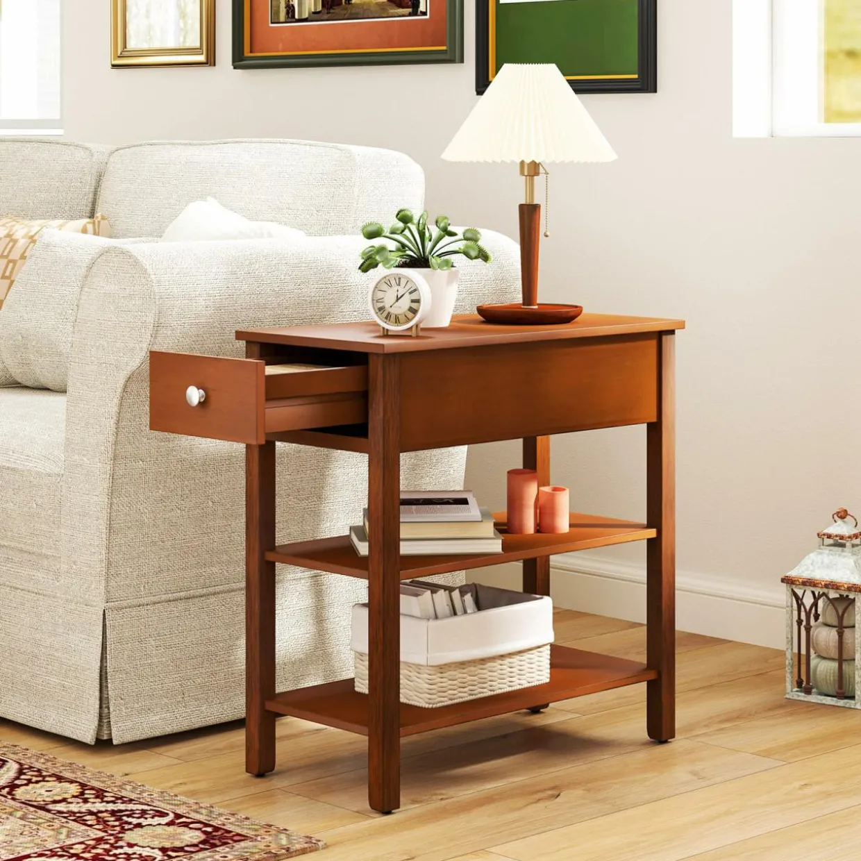 Tangkula Narrow End Table Set of 2, 24.5”H Farmhouse Side Table with Drawer