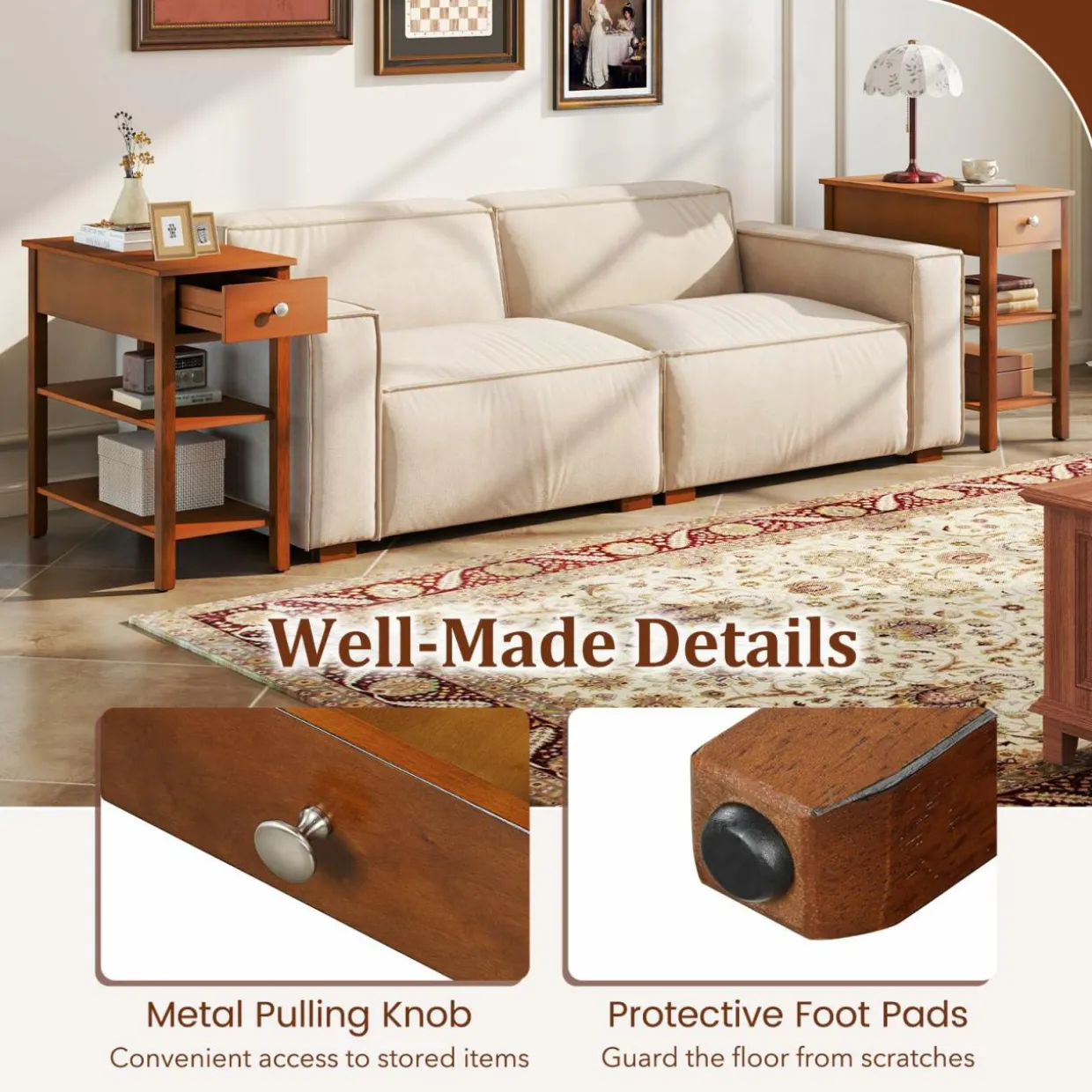 Tangkula Narrow End Table Set of 2, 24.5”H Farmhouse Side Table with Drawer