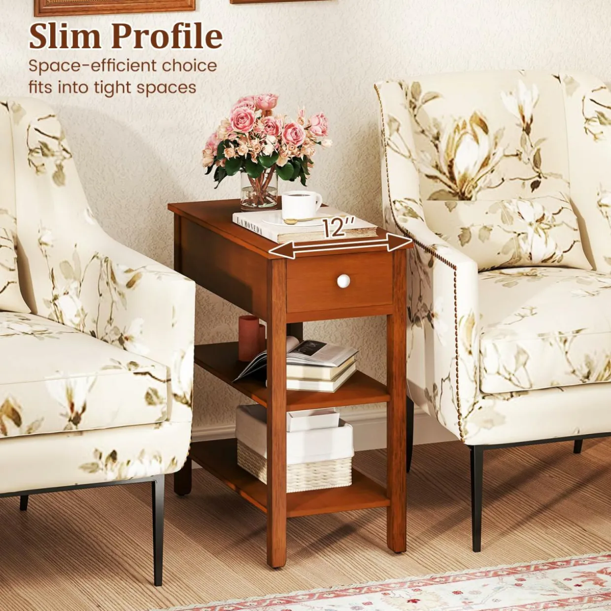Tangkula Narrow End Table Set of 2, 24.5”H Farmhouse Side Table with Drawer