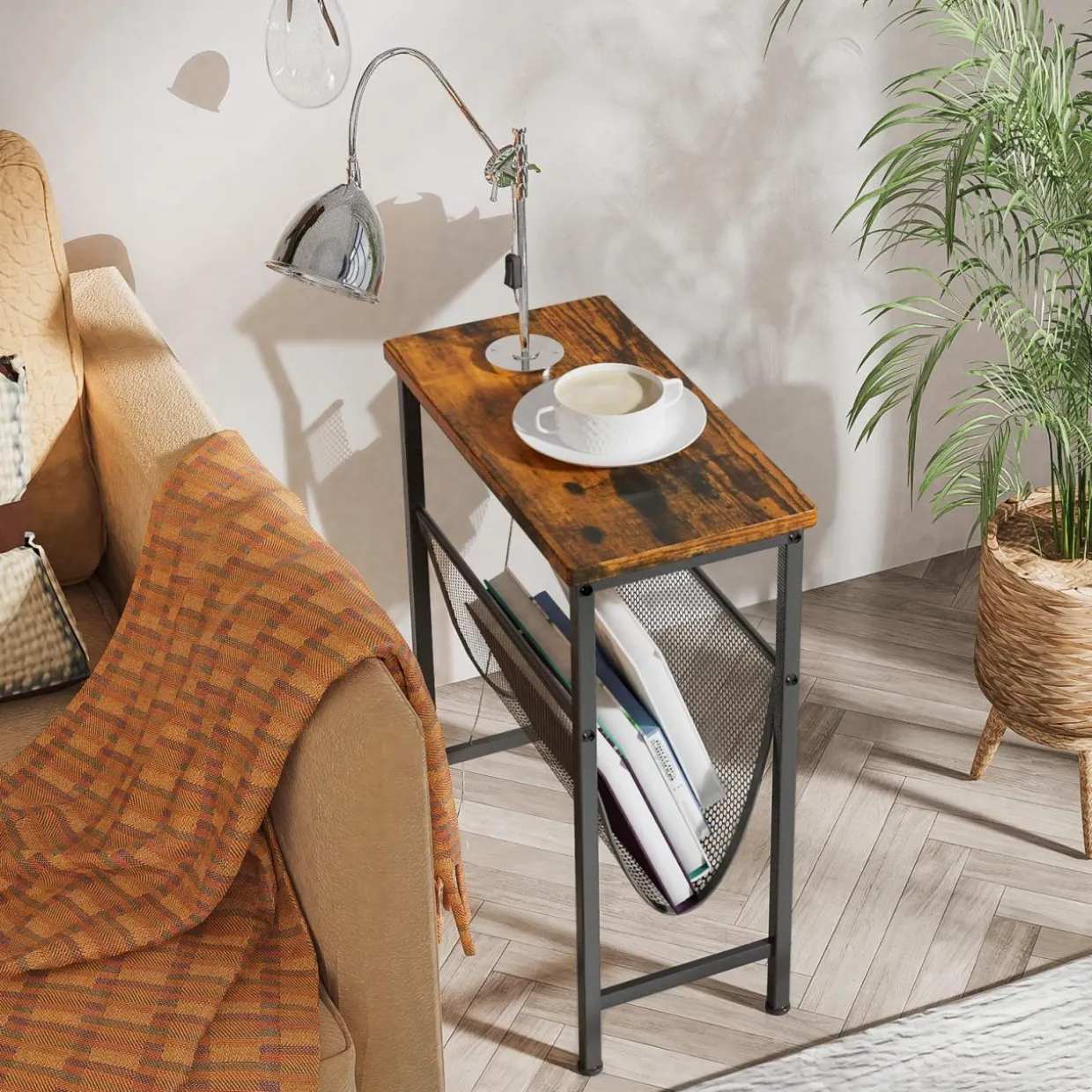 Tangkula Narrow Side Table, End Table with Magazine Holder, 19.5 x 10 x 24 Inch