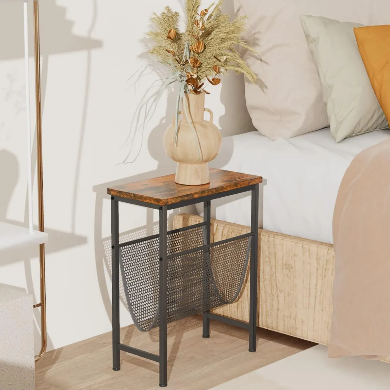 Tangkula Narrow Side Table, End Table with Magazine Holder, 19.5 x 10 x 24 Inch