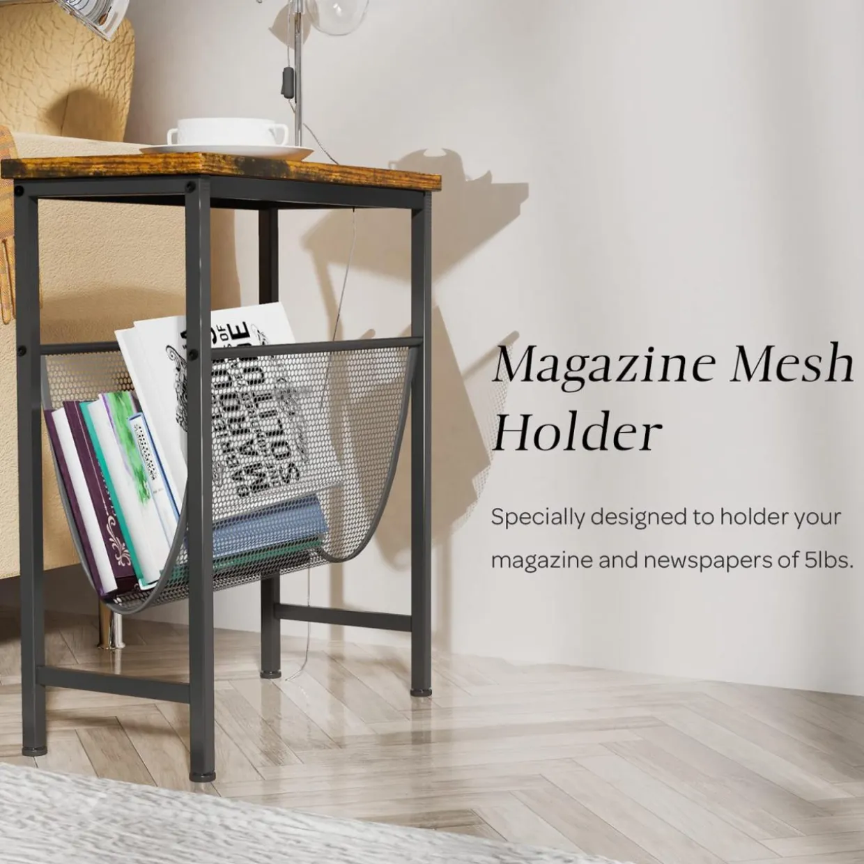Tangkula Narrow Side Table, End Table with Magazine Holder, 19.5 x 10 x 24 Inch