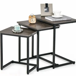Tangkula Nesting Table Set of 3, Rectangle Stacking Side End Table w/Wood Top & Metal Legs
