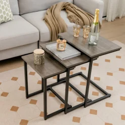 Tangkula Nesting Table Set of 3, Rectangle Stacking Side End Table w/Wood Top & Metal Legs