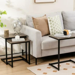 Tangkula Nesting Table Set of 3, Rectangle Stacking Side End Table w/Wood Top & Metal Legs