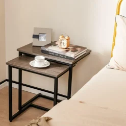 Tangkula Nesting Table Set of 3, Rectangle Stacking Side End Table w/Wood Top & Metal Legs