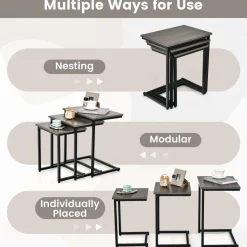 Tangkula Nesting Table Set of 3, Rectangle Stacking Side End Table w/Wood Top & Metal Legs