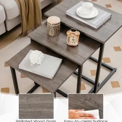 Tangkula Nesting Table Set of 3, Rectangle Stacking Side End Table w/Wood Top & Metal Legs
