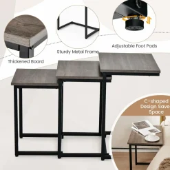 Tangkula Nesting Table Set of 3, Rectangle Stacking Side End Table w/Wood Top & Metal Legs