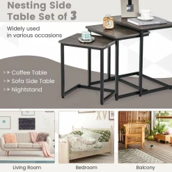 Tangkula Nesting Table Set of 3, Rectangle Stacking Side End Table w/Wood Top & Metal Legs