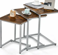 Tangkula Nesting Table Set of 3, Rectangle Stacking Side End Table w/Wood Top & Metal Legs